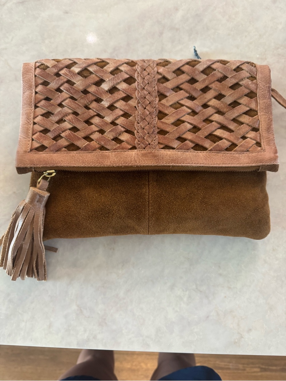 Braided Suede Fold-Over Clutch - Brown